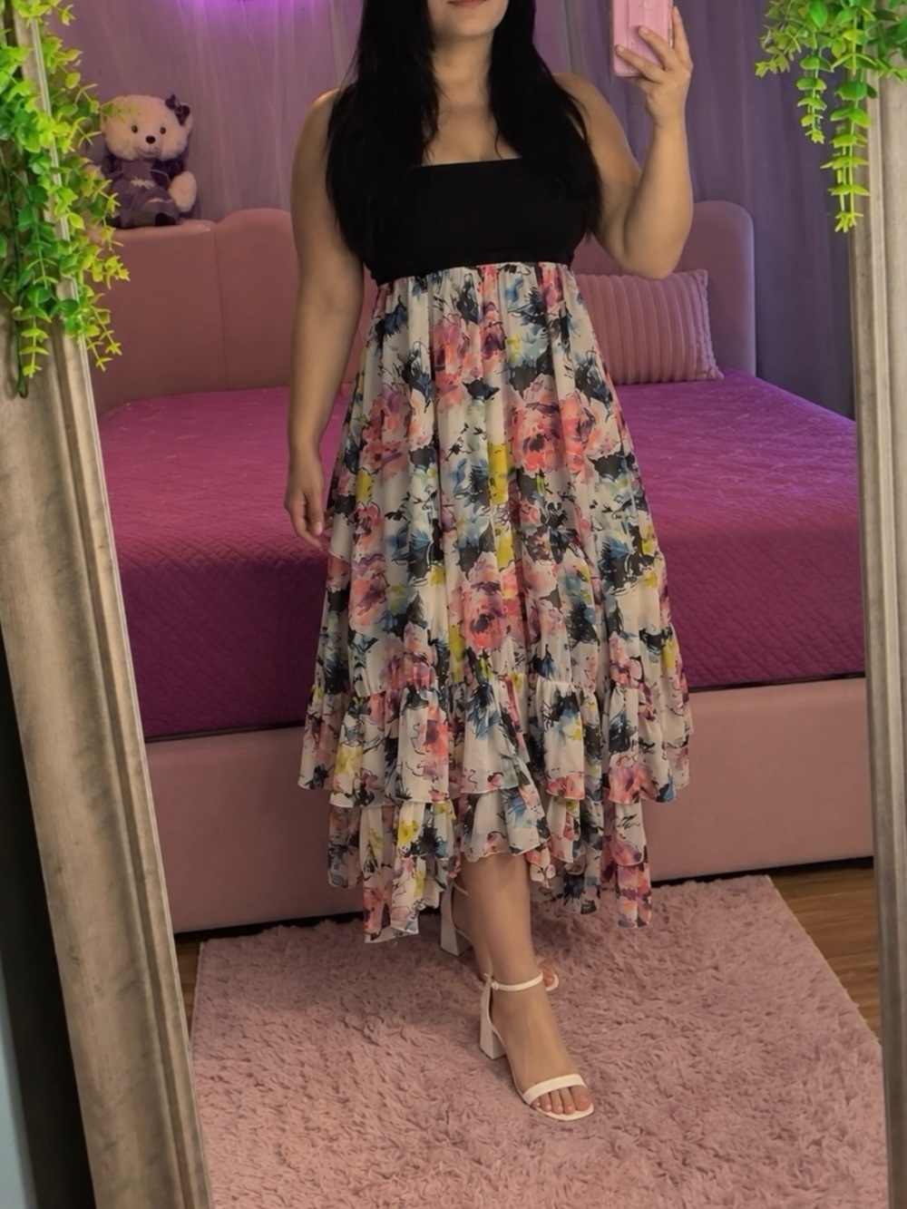 Floral Tiered Midi Skirt - Black & Multicolor